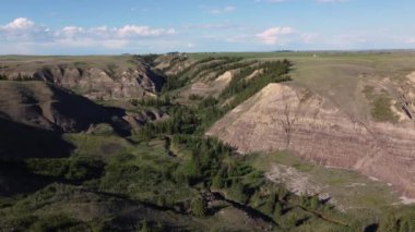 Aerial drone footage over the Beynon Ecological Preserve in the badlands of Alberta Canada.