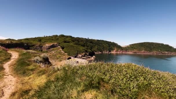 Krásný Výhled Jezero Obklopené Poli Kopci Blízkosti Hope Cove Anglii — Stock video