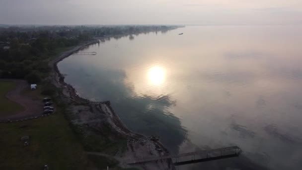 Drone Moving Sea Coastline Wooden Piers Connected Land Water — Stock Video