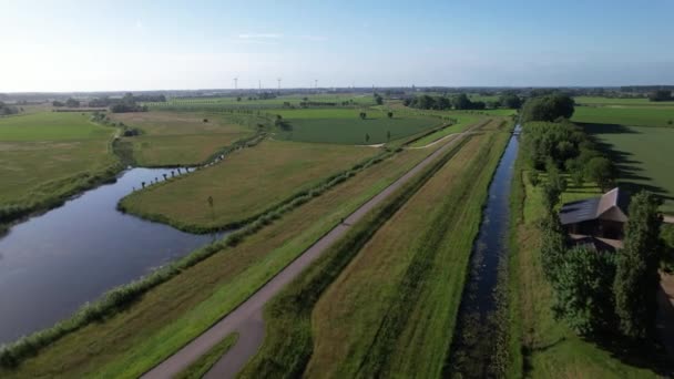 荷兰河流流域景观中的抽水站部分的空中景观 该景观是在顶部弯道的堤岸后进行的 — 图库视频影像