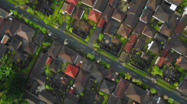 A beautiful aerial top view of houses surrounded by palm trees in Ubud, Bali, Indonesia
