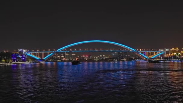 Μια Όμορφη Θέα Της Γέφυρας Λούπου Στη Σαγκάη Νύχτα — Αρχείο Βίντεο