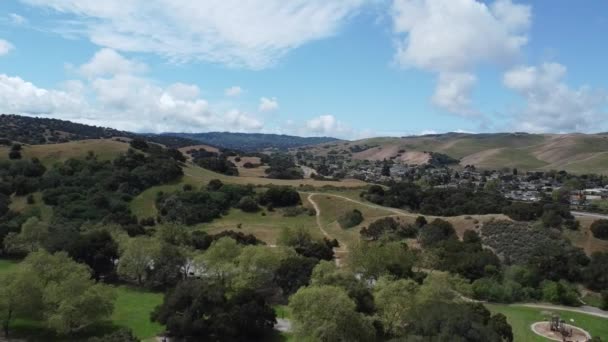 Aerial Drone Footage Landscape Trees Fields Blue Cloudy Sky — Vídeo de stock