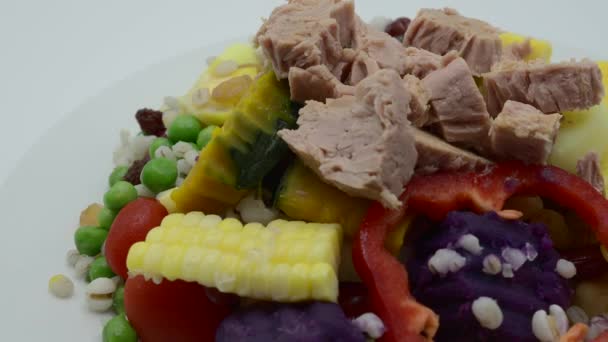 Tuna Top Mixed Vegetables White Plate — Vídeos de Stock