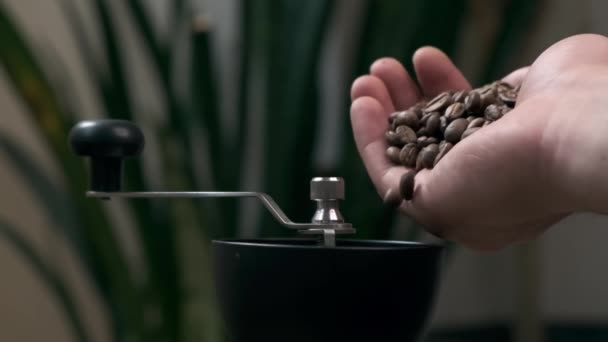 Slow Motion Coffee Beans Falling Manual Grinder — Vídeo de Stock