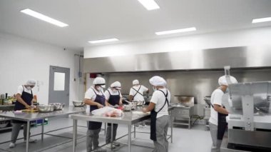 The personal chefs in masks preparing meals in the restaurant's kitchen