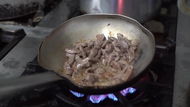 Close Pieces Meat Cooking Pan High Heat — Stock videók