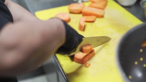 Closeup View Chef Hands Cutting Butternut Squash — Stockvideo