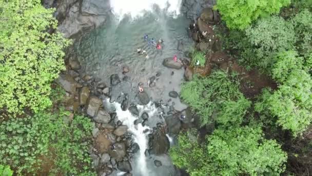 Drone Shot People Swimming Stream Waterfall Rocks Forest — Vídeos de Stock