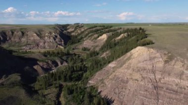 Aerial view of the Beynon Ecological preserve close to Drumheller, Alberta in the badlands region.