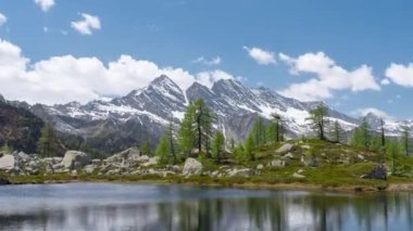 A shallow mountain lake with rocks around it shot with timelapse