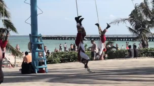 Запись Людей Исполняющих Voladores Papantla Мексиканский Ритуал Плайя Дель Кармен — стоковое видео