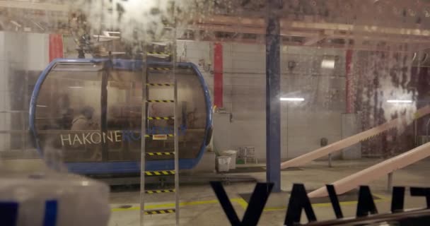 Looking Fogged Glass Hakone Ropeway Gondola Leaves Owakudani Station — Stock video