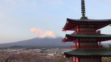A scenic view of the Mount Fujiyama seen behind a pagoda tower in Japan