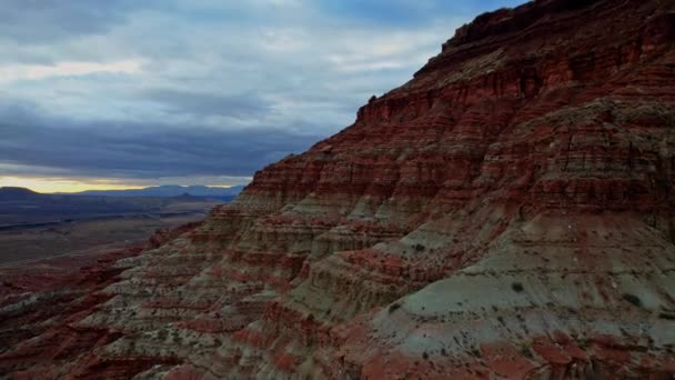 Aerial Shot Layered Sedimentary Rock Mountains Sunset — Vídeo de Stock