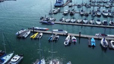 An aerial view of the pier of Shamrock Quay, Southampton hosting the UKOPBA powerboat championship
