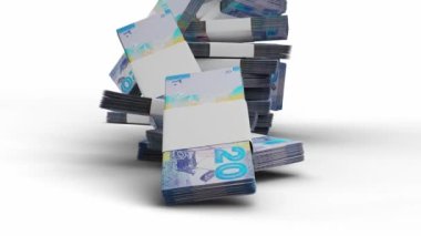 A view of stack of twenty Kuwaiti dinars falling on the surface in white and chroma key background