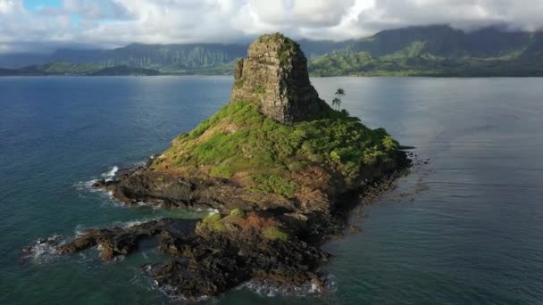 Een Luchtopname Van Chinaman Hat Basalt Eilandje Kaneohe Bay Hawaii — Stockvideo