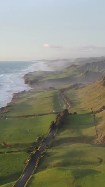 Aerial View Narrow Road Calm Sea Waves Left Cloudy Day — Stockvideo