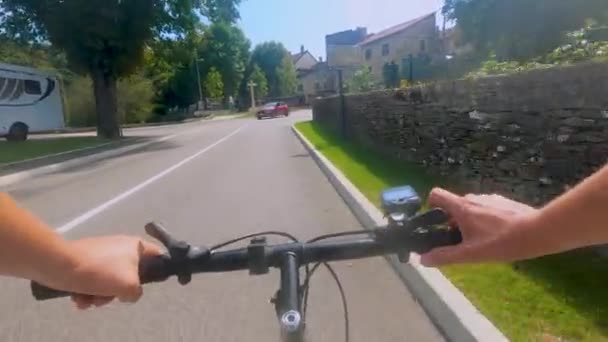 Closeup Person Cycling Old Town Cremieu France Hot Summer Day — Wideo stockowe