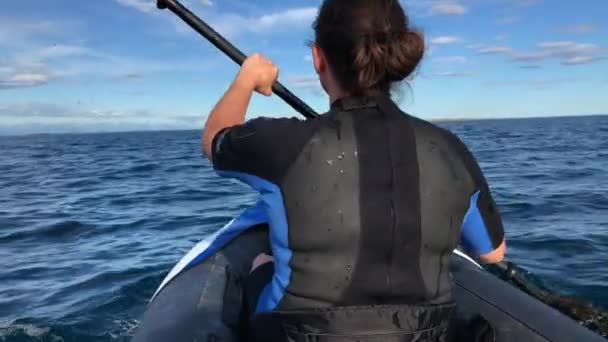 Caucasian Female Boat Rowing Open Sea Sunny Day — Stockvideo