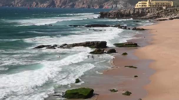 Aerial View People Swimming Cresmina Beach Cascais Portugal — Vídeo de stock