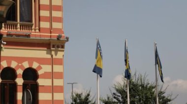 A beautiful shot of the flags of Bosnia and Herzegovina on a pole waving and being blown by the wind