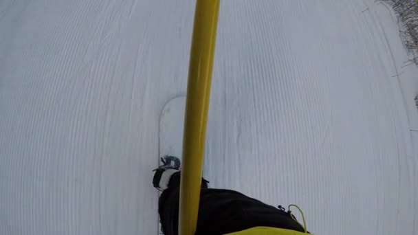 Young Man Snowboarding Ski Track Pine Trees Ski Resort — Stock video