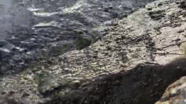 Sabahları sahilde kayalara vuran kısa deniz dalgalarının huzurlu manzarası.