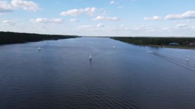 An aerial view of a river and green forests on the shore in the morning