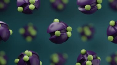 A 3D animation of multiple elements moving in green background