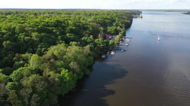 Aerial View Harbor Green Forest Lake Zegrze Piers Few Boats — Stockvideo