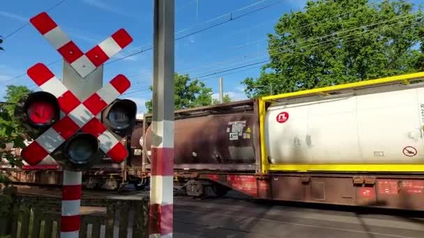 Freight Train Slowly Passing Railroad Crossing Blinking Red Lights Transportation — Stock video