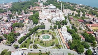 A scenic bird's eye view of city buildings and Hagia Sophia in Istanbul, Turkey