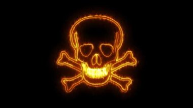 Siyah arka planda kemikleri olan parlak neon kafatası