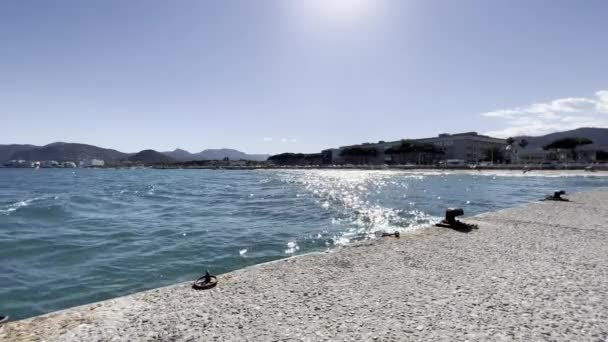 Seafront Cannes France Sunny Day Wind Blue Sky Sea Beach — Stockvideo