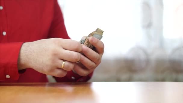 Close Person Counting Money Sitting Table — Video