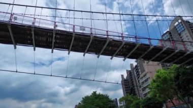 Panning shot of the suspension bridge at Bitan, Xindian, New Taipei City, Taiwan
