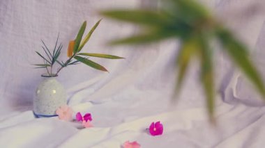 Still life arrangement in Springtime theme  framed by swaying leaf