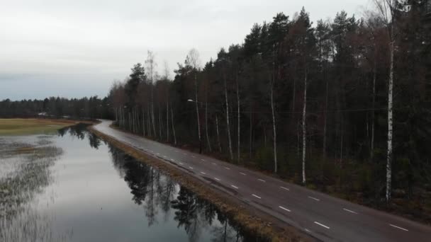 スウェーデンのFalunにある苔むした湖と森を通るロードバイクのある小さな道路の空中ビュー — ストック動画