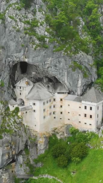 Vertical Drone Footage Predjama Castle Predjama Slovenia — Vídeos de Stock