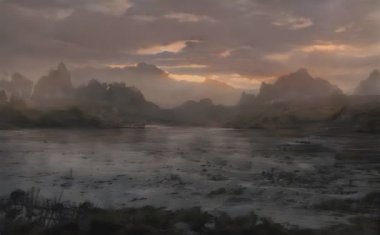A time lapse of flowing the river water and foggy rocky cliffs under moving a sunset cloudy sky