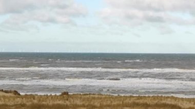 Rough waves of the North sea close to the beach with beach grass in foreground