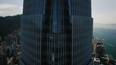 Drone footage of the International Finance Centre facade in Hong Kong