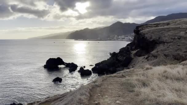 Coastline Madeira Showing Sea Beaches Rocks Sky People — Video Stock