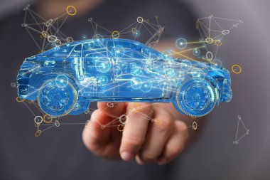 Holografik akıllı bir arabanın 3 boyutlu görüntüsüne tıklayan bir adam.