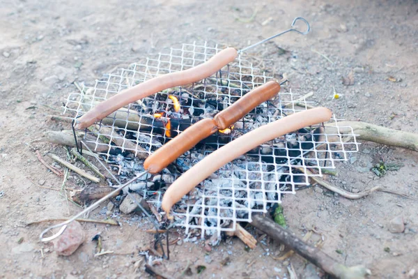 Hot dog sausage on a campfire, preparing food in the wilderness, bush craft and survival concept, grilled meat, vacation trip