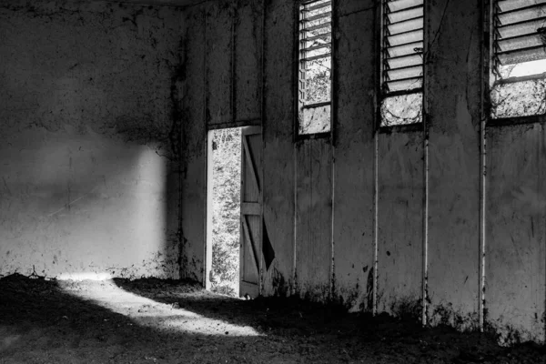 A grayscale of an inside of a barn