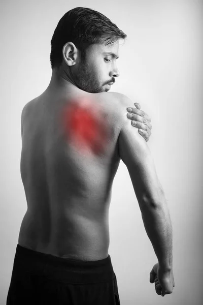 Man Holding Shoulder Scapula Shoulder Blade Injury Highlighted Glowing Red — Stock Photo, Image