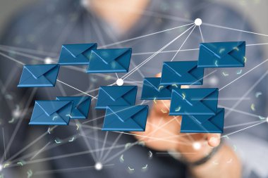 Bir e-posta sembolünün 3 boyutlu görüntüsü ve bulanık bir arkaplan üzerinde erkek eli ile Ağ İletişimleri